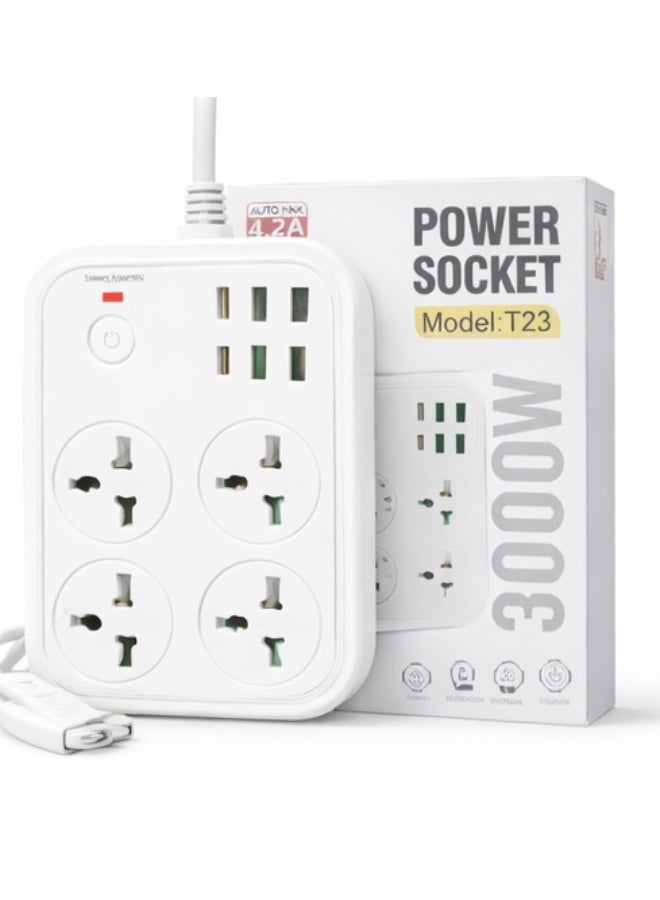مشترك كهرباء 3000 واط موديل T23 – 4 مقابس عالمية + 4 منافذ USB + 2 منفذ Type-C PD – شحن سريع 4.2 أمبير – حماية من الحمل الزائد – مقاوم للاشتعال – مفتاح تشغيل مستقل – أبيض - Image 1
